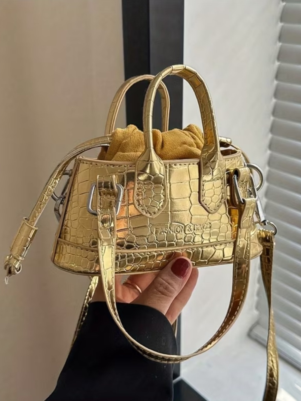 Affordable Fashion Finds Metallic Gold Croc-Embossed Mini Satchel